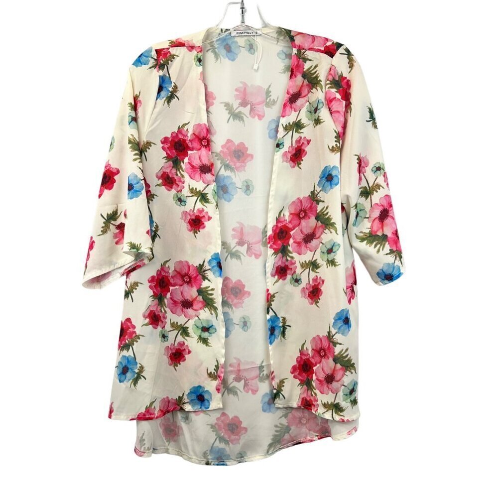 Pink Milly 3/4 Sleeve Open Front Kimono Cream/Multi Floral Small